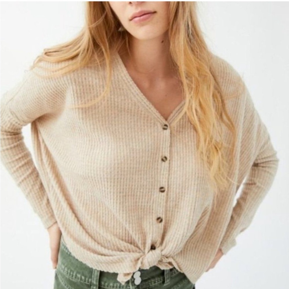UO Out From Under Jojo Cream Tan Button Down Thermal Tie Front Oversized…